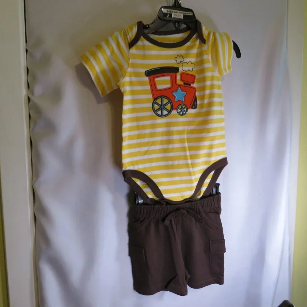 Baby Train Bodysuit Embroidered & Brown Shorts 6mts Jumping Beans 100% cotton